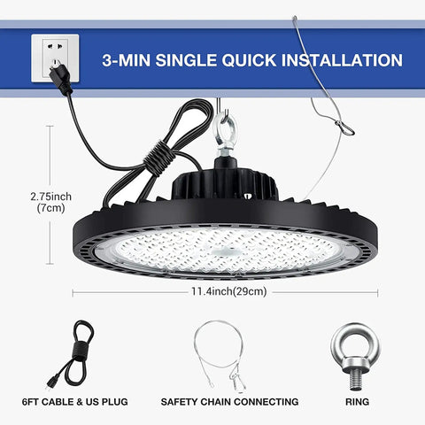 Two Pack 200W UFO LED High Bay Light With 5000K Color Temperature, 29000 Lumen, US Plug with installation instructions