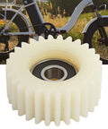 28 Tooth Nylon Planetary Gear For Electric Hub Motor Replacement Part For E Bike Wheel Hub Motor Built To Last Quiet Low Noise Operation Easy Install Grease Ready For Long Life And A Slick Smooth Ride, with bike in background