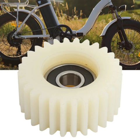 28 Tooth Nylon Planetary Gear For Electric Hub Motor Replacement Part For E Bike Wheel Hub Motor Built To Last Quiet Low Noise Operation Easy Install Grease Ready For Long Life And A Slick Smooth Ride, with bike in background