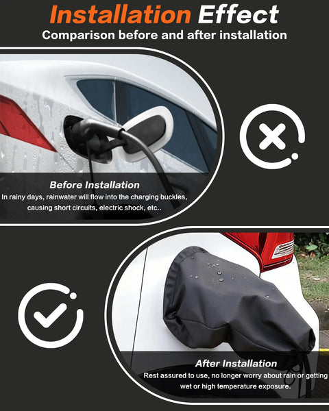 Comparison of EV charging port with Universal EV Charger Cover No Sweat Waterproof Rain And Snow Protection Rock Solid Magnetic Grip.