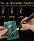 510 Threaded Battery Pen Soldering Kit With LED Display, showing temperature settings, soldering on a circuit board, black and gold.
