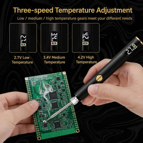 510 Threaded Battery Pen Soldering Kit With LED Display, showing temperature settings, soldering on a circuit board, black and gold.