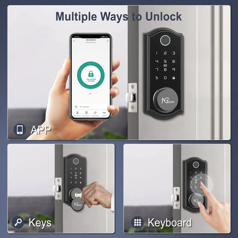 Smart Deadbolt With Bluetooth And Biometric Fingerprint Keypad for fast no keys needed entry, showing app and keypad use