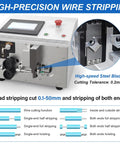 LABFENG Auto Wire Stripping And Cutting Machine For Solid And Stranded Cables Up To 6 Square Bvr Handles 30-10 Awg Copper Electric Tools, detailed close-up of high-precision wire stripper with touch screen.