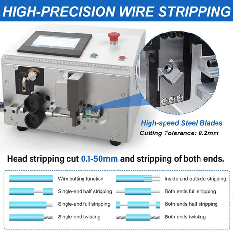LABFENG Auto Wire Stripping And Cutting Machine For Solid And Stranded Cables Up To 6 Square Bvr Handles 30-10 Awg Copper Electric Tools, detailed close-up of high-precision wire stripper with touch screen.