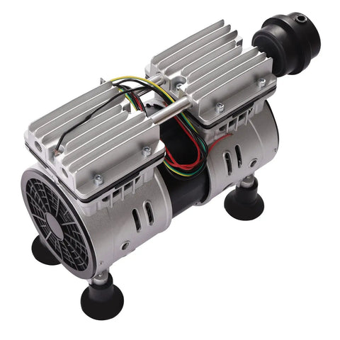 Heavy Duty Dual Cylinder Oil Free Vacuum Pump With Slick 110V Copper Motor 1440RPM top view showing dual cylinder design and cooling fins.