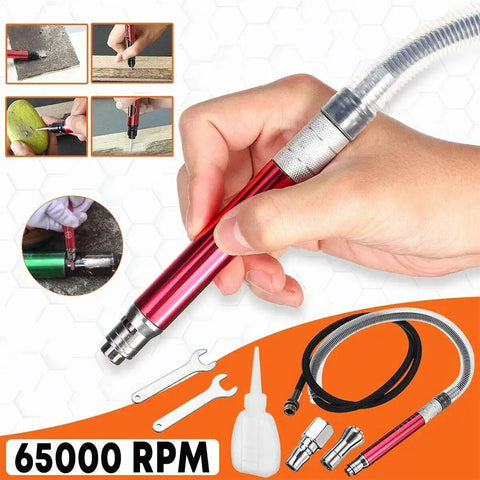 Slick Pencil Air Die Grinder Delivers Kickass Torque At Sixty Five Thousand Rpm Free Airspeed Across Ninety Psi Compressor Setup displayed in hand with accessories.