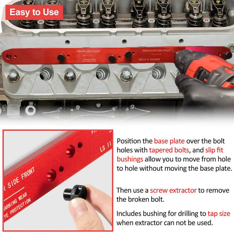 Pro Grade Manifold Drill Template For GM LS Engines 4.8L 5.3L 6.0L Chevy Removal Tool Kit with base plate and drill guide on engine