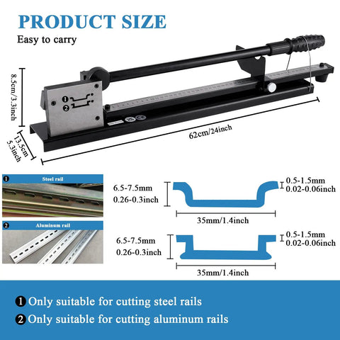 Manual DIN Rail Cutter With Anti Slip Handle And 50cm Ruler For Pro Grade DIY Friendly Precise Cutting Of 35mm Wide Steel Or Aluminum DIN Rails, Double Hole Tool For Slotted Rails, Heavy Duty Build, Black Finish showing size and dimensions