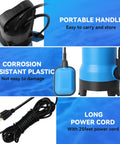 No Stress Heavy Duty 1.5HP Submersible Sump Pump Moving Four Thousand Five Hundred Gallons Per Hour With Twenty Five Foot Cord features portable handle and long power cord.