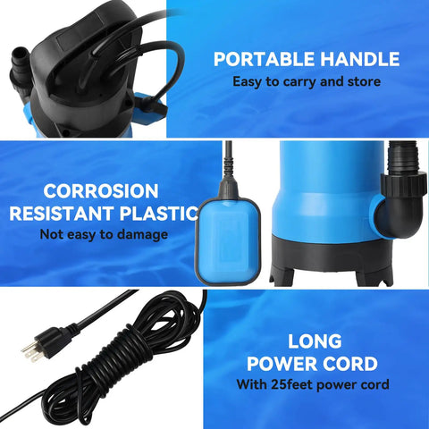 No Stress Heavy Duty 1.5HP Submersible Sump Pump Moving Four Thousand Five Hundred Gallons Per Hour With Twenty Five Foot Cord features portable handle and long power cord.