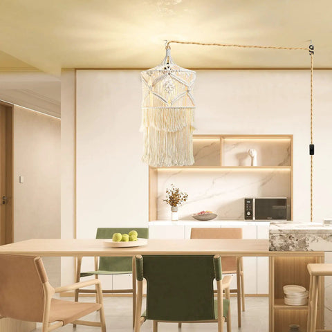 Dining area with Handmade Macrame Pendant Light with Plug In Cord, 15Ft Hanging Lamp, hemp rope cord, boho vibe