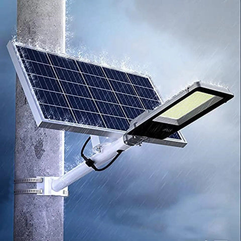 Top Shelf Solar Powered Outdoor Wall Light Featuring Smart Motion Sensor with solar panel mounted on a pole in rain.