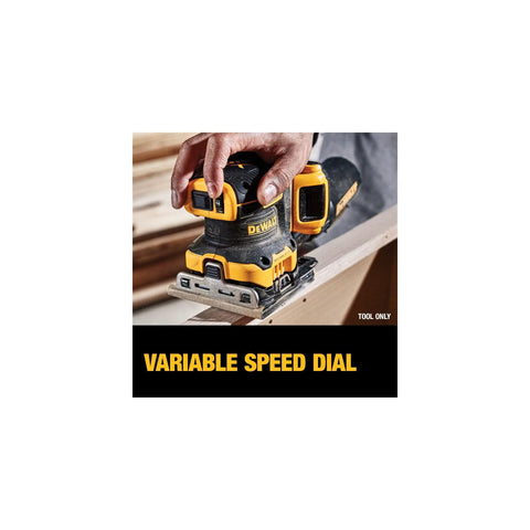 Using 20V Max XR Brushless Cordless One Quarter Sheet Variable Speed Sander Tool Only on wood surface with easy paper clamp
