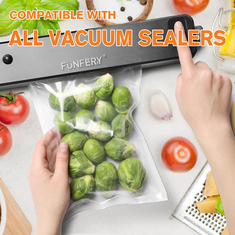 Person sealing brussels sprouts in Pro Grade Precut Quart Vacuum Sealer Bags for Food, BPA Free 8 By 12 Inch.