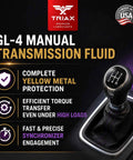 Synergy Gear MT 75W-80 GL-4 Full Synthetic Manual Transmission Fluid ad with shifting knob illustration
