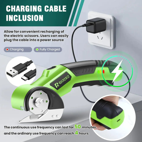 Cordless Electric Scissors Box Cutter With Two Rotary Blades 4V Rechargeable Cardboard Cutter USB Charge Safety Lock Storage Box Fabric Scissor For Plastic Carpet Leather DIY Crafts charging cable connected to wall outlet