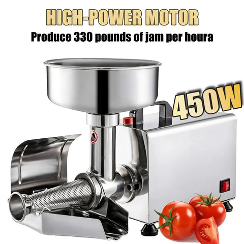 Fresh 450 Watt Electric Tomato Sauce Maker With Powerful Motor, stainless steel design for efficient fruit processing.