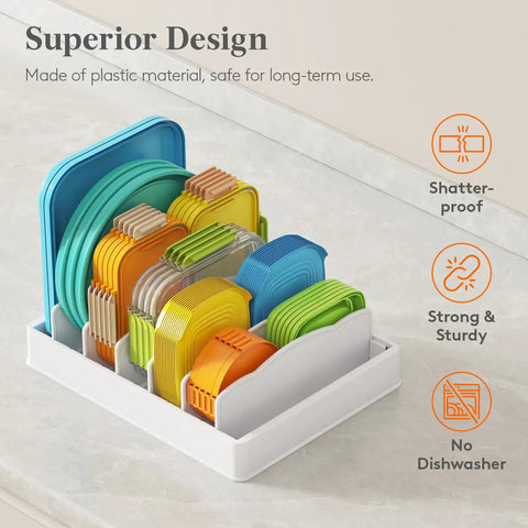 Kitchen Cabinet Lid Organizer With 6 Adjustable Dividers And 7 Sections For Lids Bowls And Containers Space Saving No Fuss Lid Holder For Pantry Fits Small To Large Containers 13 By 10 Inch shown holding various colored lids.