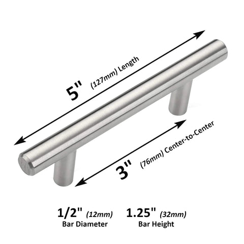 Two Pack Round Bar Cabinet Pulls Euro Style T Bar Handles 3 Inch Center To Center Mounting 5 Inch Overall Length Stainless Steel