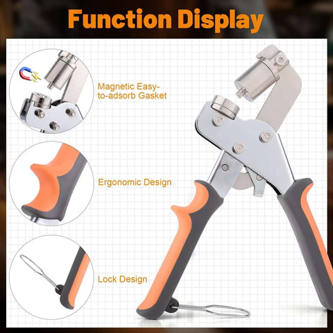 Close-up of ergonomic plier from Heavy Duty Grommet Kit Three Eighths Inch 10mm Eyelets And Grommets Set with magnetic easy-to-adsorb gasket