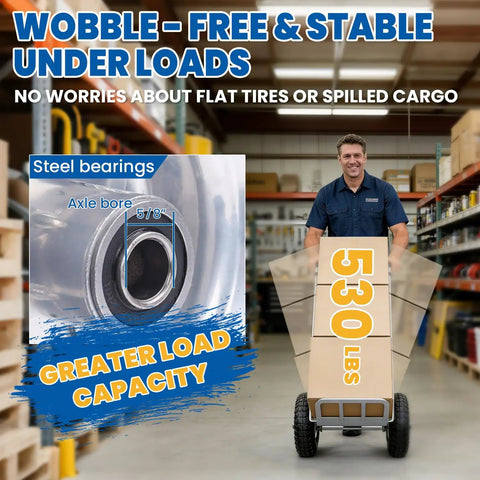 Warehouse worker with flat free 10 inch solid replacement tire wheel for Gorilla Cart and steel bearings, 530 lbs capacity