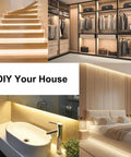 Interior spaces featuring LED strip lighting on stairs, closet, bathroom vanity, and bedroom showcasing mood lighting.