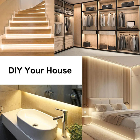 Interior spaces featuring LED strip lighting on stairs, closet, bathroom vanity, and bedroom showcasing mood lighting.