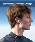 Man wearing 2 Pack USB C Headphones Wired With Microphone And Remote For iPhone 17 16 15 Pro Max iPad Galaxy Pixel 7 6 5 4