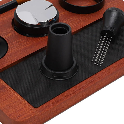 Pro Level Premium Solid Wood Coffee Tamper Kit With Heavy Duty Tamping Station featuring tools on a black mat
