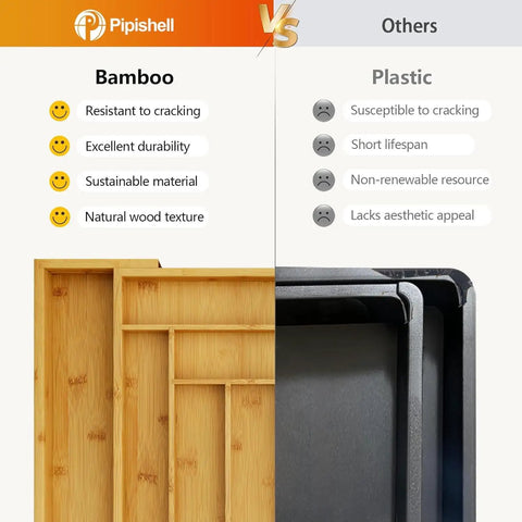 Comparison of Expandable Bamboo Silverware Drawer Organizer with a plastic tray, highlighting durability and sustainability.