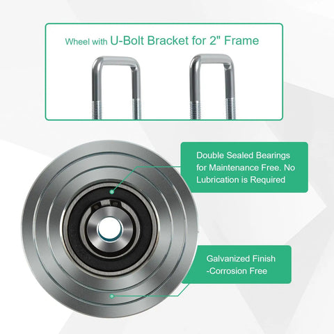 U-bolt bracket and galvanized, double sealed bearing of Heavy Duty 4 Inch V Groove Gate Wheel Kit Built Tough With 3000 Lbs Capacity