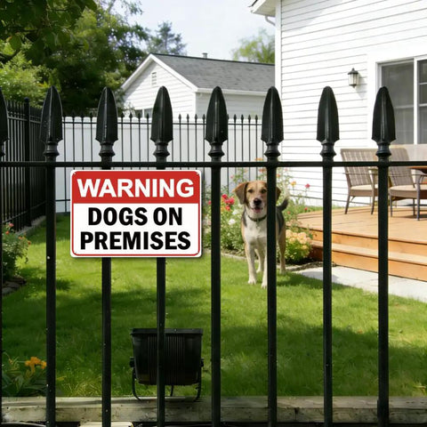 Dog On Premises Warning Sign Rugged 8x12 Inch Metal Yard Gate Decor on black fence with dog in backyard