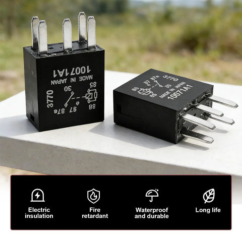 2 Pack 12V 5 Pin Car Relay Plug And Play Direct Replacement For Fuel Pump And Engine Control placed on a stone surface