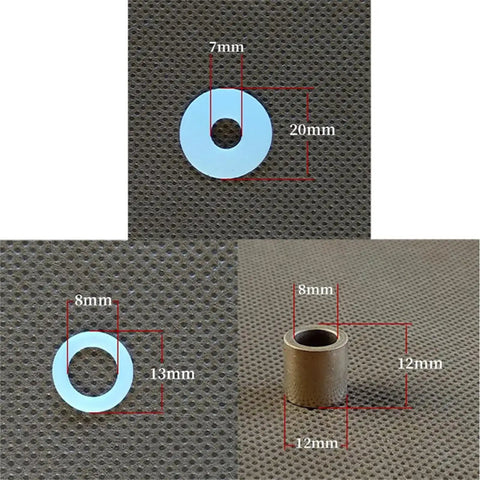 Bread Maker Bucket Drive Repair Kit 9pc Metal Set showing measured washers and bushing on textured surface.