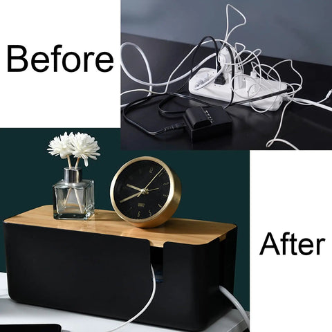 Before and after using Bamboo Lid Cable Management Box Hide Cords and Surge Protectors for Home and Office 12 Inch Long Black.