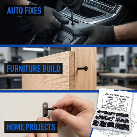All In One Self Tapping Screw Set With 8 Sizes M2.9 To M4.8 And Washer Head Carbon Steel Screws For Auto Body, Sheet Metal, Furniture, And DIY Repairs 200 Pcs Beefy Heavy Duty Kit used in auto, furniture, and home projects