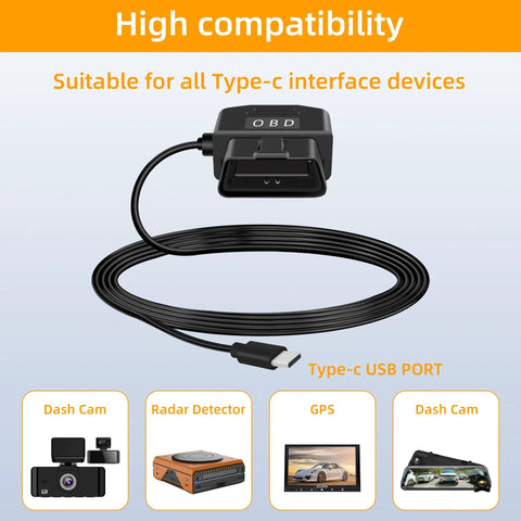 Straight USB C OBD Power Cable For Dash Cams, 11.5 Ft with Type C connector, compatible with various devices.