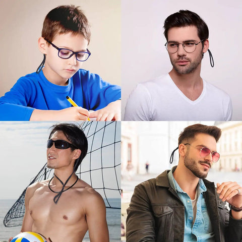 Collage of four people wearing 10 Pack Glasses Straps Adjustable Eyewear Holder Around Neck Lanyard in different settings.