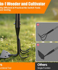 Heavy Duty 52 Inch 2 In 1 Hoe And Cultivator Rake with long handle for weeding and soil loosening in a garden setting.