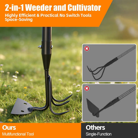 Heavy Duty 52 Inch 2 In 1 Hoe And Cultivator Rake with long handle for weeding and soil loosening in a garden setting.