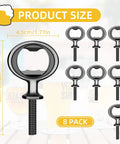 Front view: Eight-pack bottle opener inserts, black stainless steel with threaded stems for DIY flat-wood turning