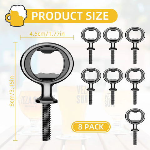 Front view: Eight-pack bottle opener inserts, black stainless steel with threaded stems for DIY flat-wood turning