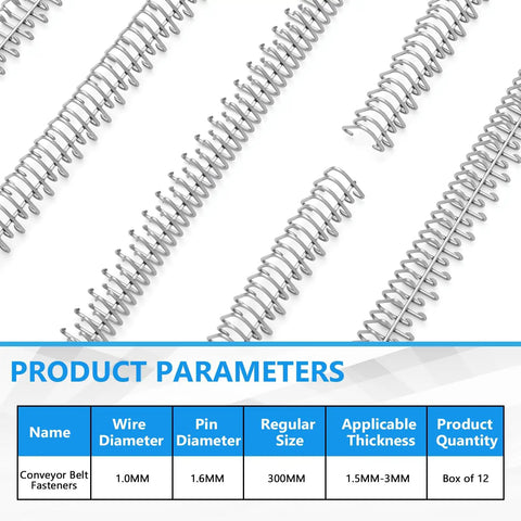 Top Shelf 316 Stainless Steel Conveyor Belt Fasteners 12 Inch Wire Hook Clips For 0.06 To 0.12 Inch PVC PU Belts 12 Pack With Hinge Pin on a white background.