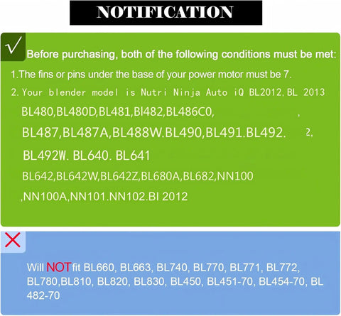 Notification about compatibility and non-compatibility of Premium Grade 7 Fin Stainless Steel Blender Blade Replacement For High Speed Blender Cups With Leakproof Sealing Ring And New Bearing Fits Wide Range Of Models.