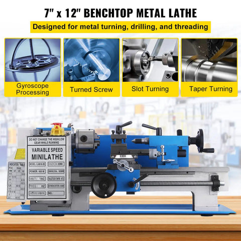 Badass Mini Metal Lathe 7X12 Inch Bench Top Machine With 550W Variable Speed Motor 2250RPM precision turning tool showing gyroscope processing.