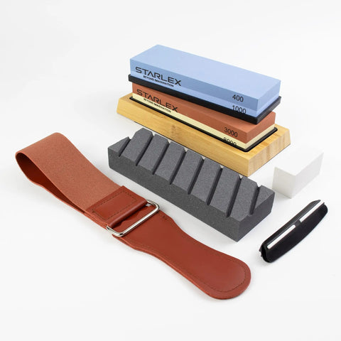 Beast All In One Knife Sharpening Stone Set With Dual Grit Whetstones 400 1000 And 3000 8000, Leather Strop, Bamboo Base