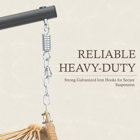 Close-up of hanging mechanism on Hanging Egg Chair With Stand And Footrest For Indoor Outdoor Use, featuring durable chain and hooks.