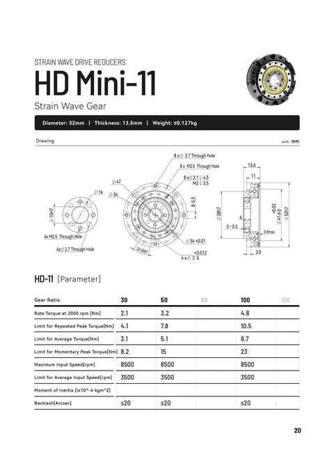 Technical diagram of Beefy Torque Harmonic Drive HD11 Strain Wave Gearbox For Nema 17 BLDC Motor Low Backlash Reducer 52mm CNC use