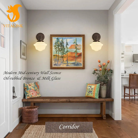 Wall Sconce Lighting Oil Rubbed Bronze Milk Glass Hardwired Wall Sconces in corridor illuminating art and decor.